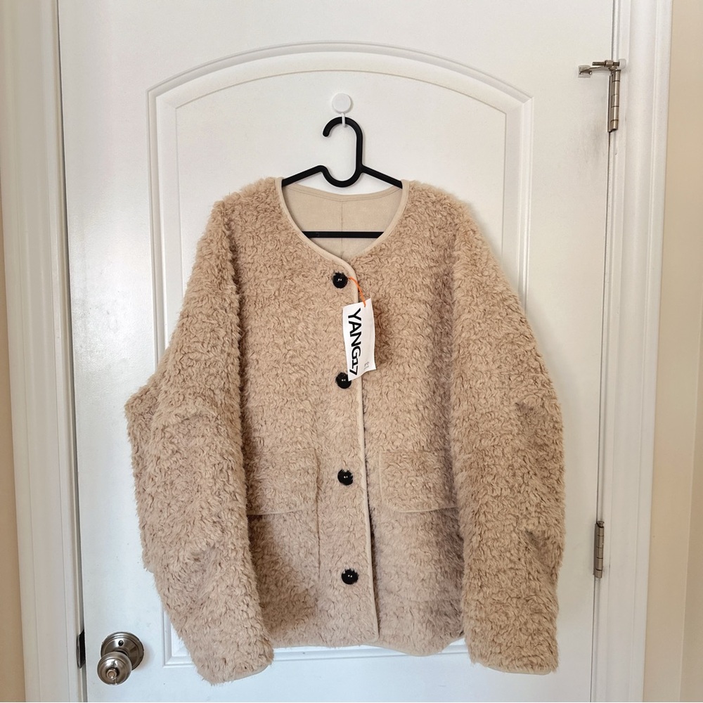 YANG Li | Oversized Teddy Sherpa Coat Beige Plush Fleece Jacket Sz M